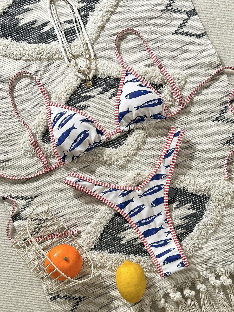 Swim Mod Women Sexy Triangle Bikini Set, Fish Print Casual Vacation Beach Swimwear, 2 Pieces Set, Fit For Summer Holiday & Fourth Of July - Multicolor - View 1