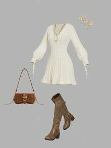SHEIN MOD Women's Elegant Cream White Cable Knit Sweater Dress,V-Neck Long Sleeve Knitted Jumper Dress,Autumn/Winter Thanksgiving,Christmas & Tea Party Outfit - Apricot - View 1
