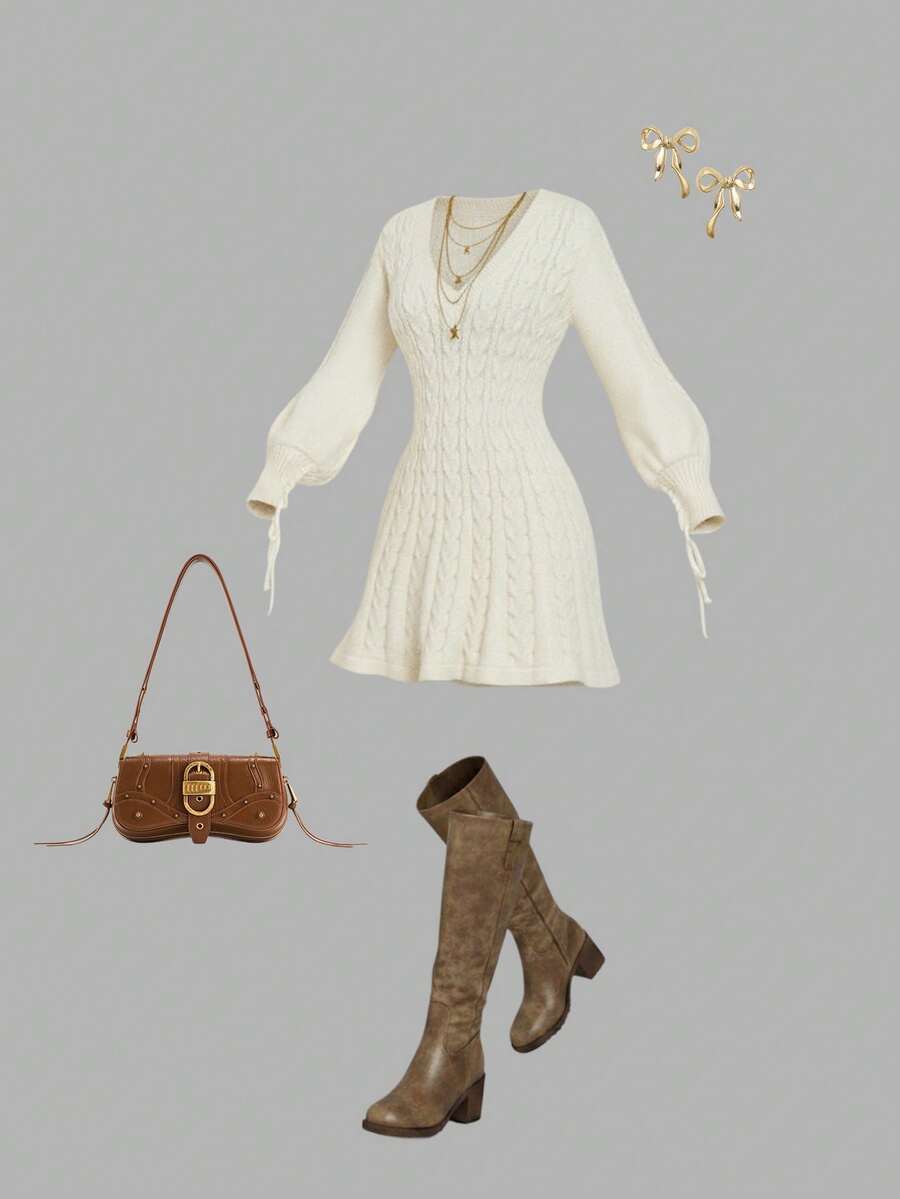 SHEIN MOD Women's Elegant Cream White Cable Knit Sweater Dress,V-Neck Long Sleeve Knitted Jumper Dress,Autumn/Winter Thanksgiving,Christmas & Tea Party Outfit - Apricot - View 1