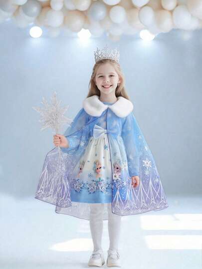 SHEIN Glamorique Kids Vestido de manga larga con cuello redondo + Capa de malla, conjunto de 2 piezas con estilo de princesa Frozen para niñas, conjunto de moda para primavera y otoño