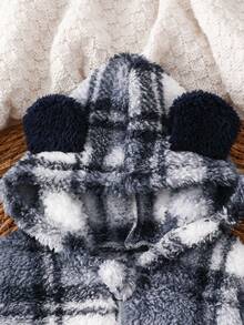 Newborn Hooded Romper, Plush Fabric, Classic Retro Brown Plaid Pattern, Cute Furry Ear Design, Zipper Closure, Long Sleeve Footie Pajamas, Infant Unisex Autumn/Winter Outfit - Blue - View 3