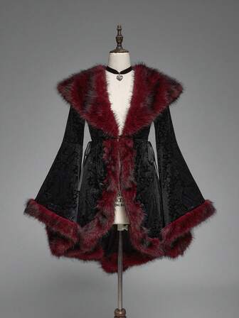 Goth Gothic Vintage Patchwork Faux Fur Collar Paisley Velvet Embossed Flare Sleeve Regular Jacket