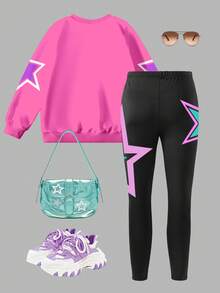 2pcs/Set Tween Girls KPOP Graphic Print Top, Crew Neck Sweatshirt And Leggings Set, Fashionable Casual, Suitable For Autumn/Winter - Multicolor - View 5