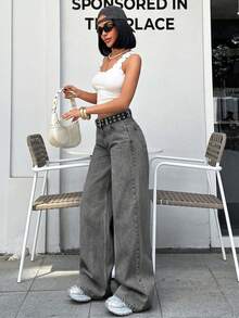 EURMUSE Calça jeans feminina cintura baixa perna larga cinza lavagem diária casual - Cinza claro - Ver 5