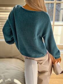 DAZY Damen Blumen Chiffon Loose Oversized Rundhalsausschnitt Langarm Formell Elegant Strickpullover, Herbst/Winter - Blau - Übersicht 2