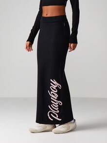 Missguided x Playboy Ribbed Knit Maxi Skirt With Player Script Print Long Black Sweater Skirt - Black - View 1