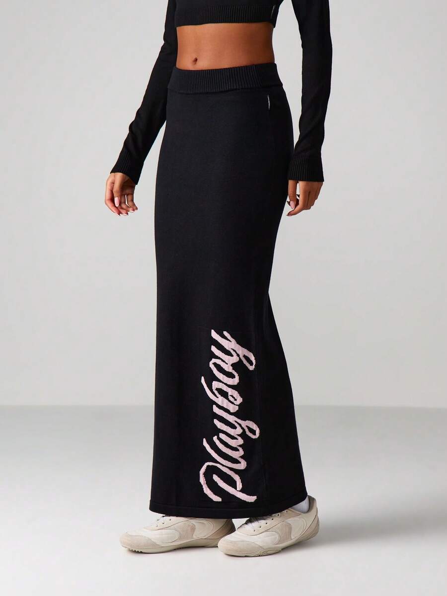 Missguided x Playboy Ribbed Knit Maxi Skirt With Player Script Print Long Black Sweater Skirt - Black - View 1