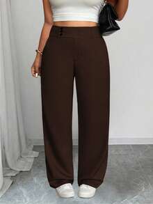 SHEIN Tall CURVE 大码女式休闲宽腰直筒裤 - 巧克力棕 - 查看 7