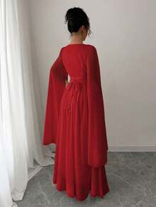 Rafferiza 女士优雅开叉袖超长袖雪纺杏金色亮片花卉装饰连衣裙，束腰 - 紅色 - 查看 2