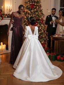 青少年女孩优雅长款白色缎面蝴蝶结露背长袖连衣裙 - 白色 - 查看 7