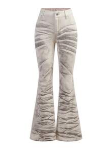Shutterstock Y2Kool Jeans acampanados con efecto arrugado y estampado en color blanco lavado, estilo Y2K casual, adecuados para fiestas, reuniones y uso diario en otoño/invierno. Perneras acampanadas estilo años 2000 para mujeres. - Blanco - Ver 4