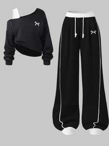 Sparklyn 2pcs Girls Bow Shoulder Strap Outfit, Embroidery Patchwork Top, Suitable For Autumn - Black - View 6