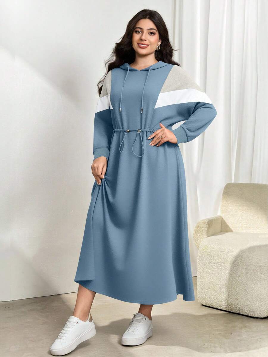 Modelyn 大码女式长袖连帽拼色束腰休闲运动衫连衣裙，秋冬 - 藍色 - 查看 1