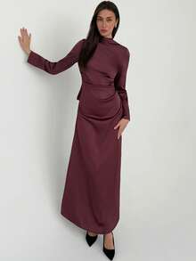 Aloruh Women's Backless Ruched Waist Fishtail Maxi Dress, Autumn/Winter Burgundy - Burgundy - View 7