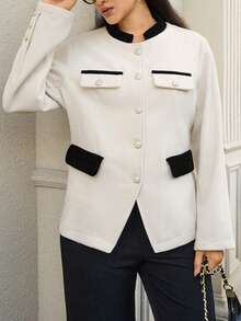 SHEIN LUNE Plus Size Women's Autumn Color Block Long Sleeve Single-Breasted Elegant Jacket/Winter Tweed Jacket Women Jacket Suit For Women Blazer Jacket For Women Professional Clothes Women Sets - Black and White - View 5