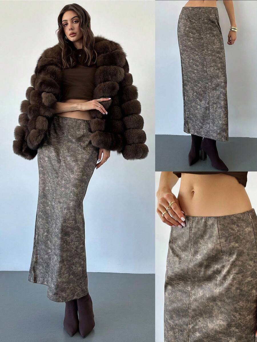 Firerie Women's Low Waist Extra Long Mermaid Skirt,Brown Checkered PU Leather Faux Denim Skirt,Autumn Elegant Dinner Y2K Style Casual Commuter Clothes