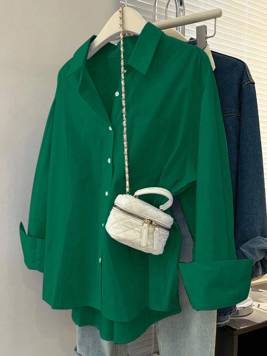 INAWLY Camisa de manga larga lisa y sencilla de talla grande - Verde Oscuro - Ver 1