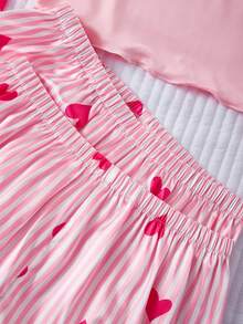 4pcs Girls Pajama Set - Cute Heart & Striped Print Short Sleeve Cardigan, Camisole, Shorts & Long Pants, Casual Sleepwear - Multicolor - View 5