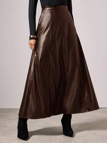 COSMINA 女士优雅长款PU裙，秋冬时尚 - 棕色 - 查看 5