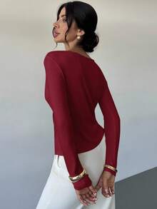 Firerie Women's Asymmetrical Loose Shoulder Long Sleeve T-Shirt, Sexy & Elegant Casual Commuter Top, Christmas - Red - View 2