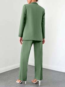 SHEIN Cottnline Women's Casual Commuting Solid Color Jacket And Pants Suit - Mint Green - View 2