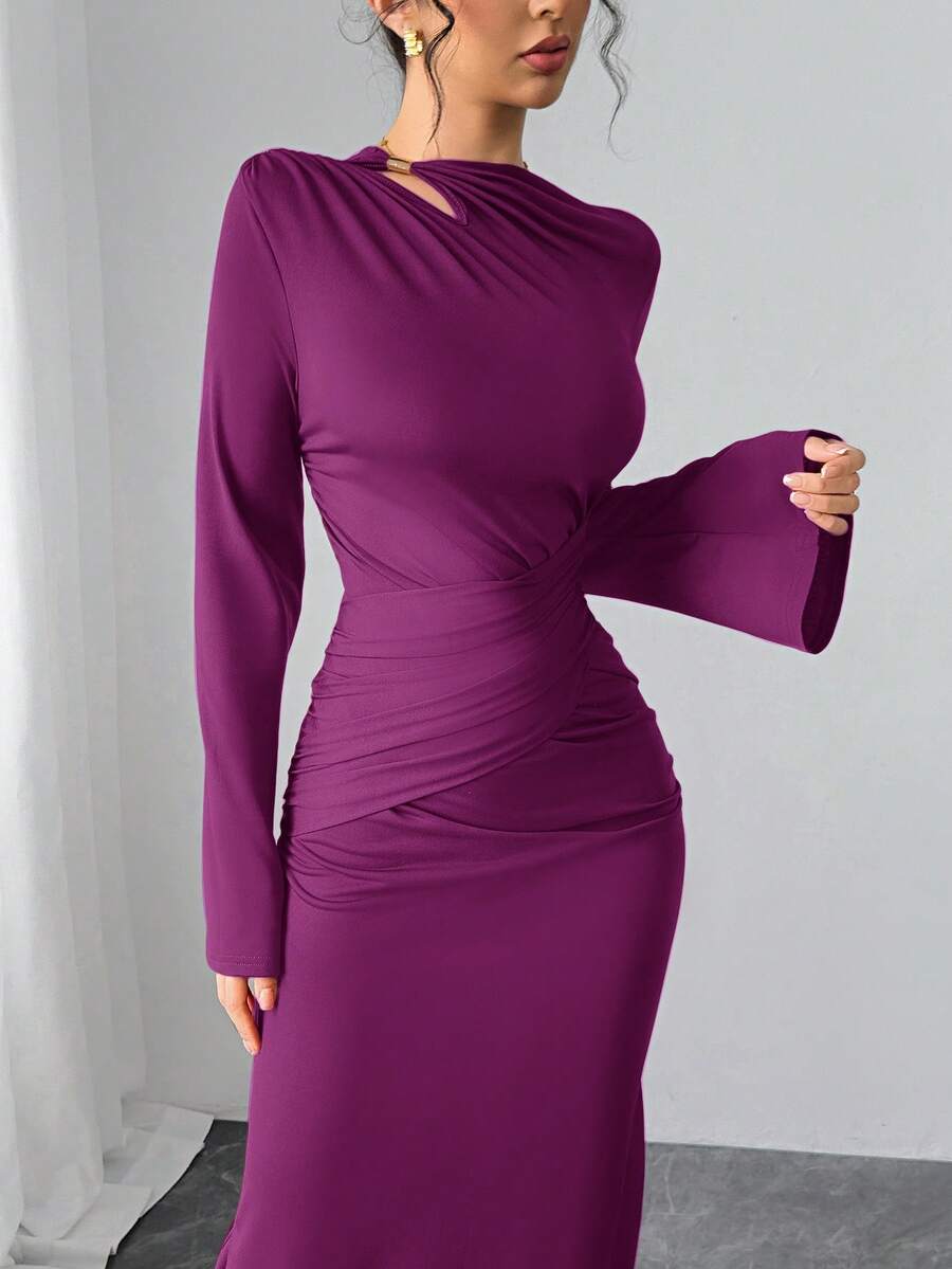 Modelyn 女式纯色荷叶边喇叭袖修身优雅连衣裙 - 中紫紅色 - 查看 1
