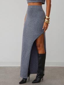 Hauture Lowkey Demure Sexy Casual Melange Two Tone Knitted High Waisted High Slit Sweater Maxi Skirt - Dark Grey - View 2