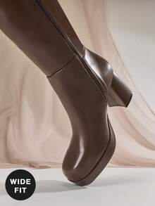 SHUZIA Sepatu Bot Setinggi Lutut Platform Ujung Persegi Nyaman Glamor untuk Wanita dengan Betis Lebar dan Resleting Dalam, Cocok untuk Natal - Coffee Brown - View 6