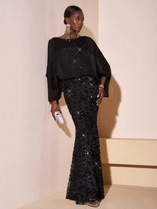 Zivah 2025 Autumn/Winter New Music Festival, Easter, St. Patrick's Day, Western, Nomadic, Birthday Party, Graduation, College Style, Student, Daily Wear, Basic Versatile, Casual, Vacation, Cruise Travel, Beach, Sunbathing, Viral , Streetwear, Wedding Guest Boho, Commute, Brunch, Airport, Party, Holiday Outing, Elegant Gala Round Neck Mesh Sleeve Slip Dress, Long Dress, Black Sequin Dress - Black - View 6