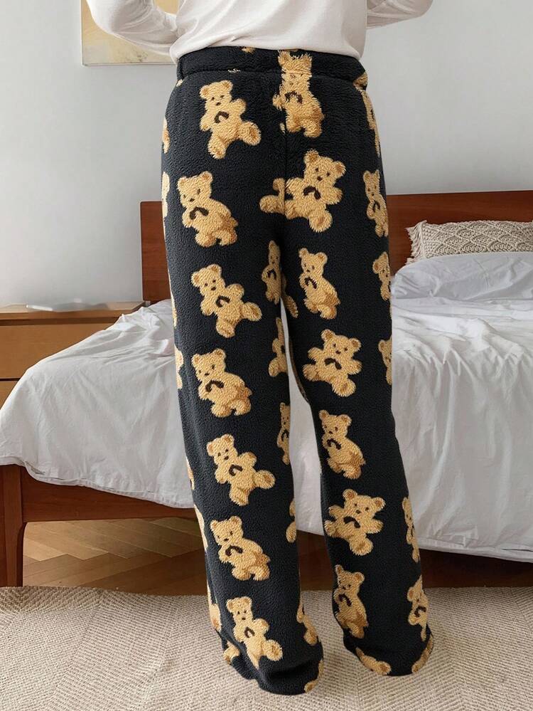 Men's Thermal Lined Fluffy Cozy Pajama Bottoms With Black Background And Yellow Bear Pattern, Suitable For Autumn/Winter