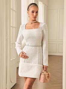 BELROSIE Vestido mini con cuello cuadrado texturizado y ribete de piel sintética, manga larga, estilo lindo - Blanco - Ver 5