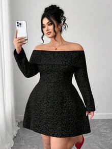 Elenzga 大码女式圣诞红色提花露肩露背蝴蝶结长袖短款连衣裙 - 黑色 - 查看 4