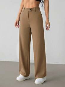SHEIN PETITE 女式休闲纯色直筒裤 - 棕色 - 查看 3