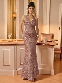 Coutiva Váy dài tay đính sequin thanh lịch, váy dạ hội cao cấp cho tiệc tối - Rượu sâm banh - Xem 7