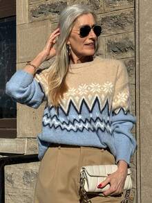 Vivie Lora Women's Colorblock Loose Fit Fair Isle Sweater - Blue - View 4