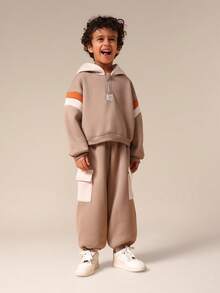 SUMWON Boys Hooded Sweatshirt Jogger Set Beige Half Zip Pullover Elastic Waist Pants Casual Coordinating Outfit - Brown - View 1