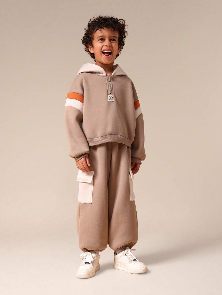 SUMWON Boys Hooded Sweatshirt Jogger Set Beige Half Zip Pullover Elastic Waist Pants Casual Coordinating Outfit - Brown - View 1