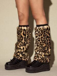 Goth Women Leopard Print Fluffy Leg Warmers - Multicolor - View 1