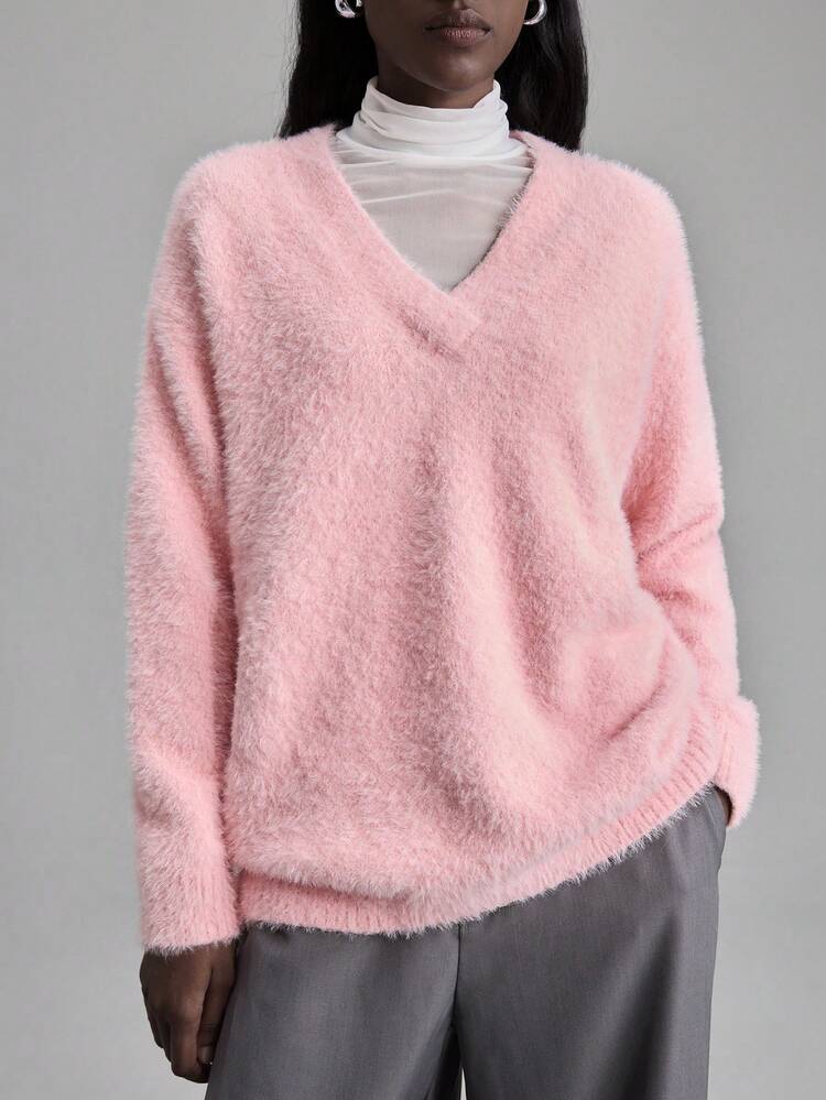 Women's Light Pink Autumn Casual Everyday V-Neck Mohair Blend Wool Sweater,Loose Drop Shoulder Long Sleeve Elegant Festive Christmas Party Clothing