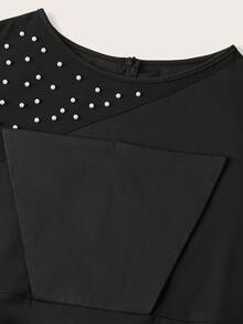 SHEIN Clasi 加大码串珠网眼不对称荷叶边下摆长袖黑色连体裤，适合派对、宴会、聚会、晚装 - 黑色 - 查看 7