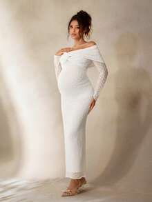 Cheriluna Maternity 孕妇单肩长袖扭结设计修身写真连衣裙，白色，新年夜 - 白色 - 查看 2