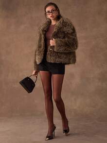 SHEIN BAE Women's Elegant Faux Fur Coat In Shades Of Brown,Winter Oversized Warm Outerwear For Night Out,Parties And Travel,Solid-Color Long-Sleeve Style - Coffee Brown - View 7
