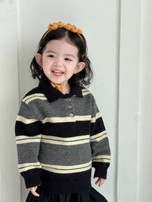DAZY Toddler Girls' Regular Turndown Collar Striped Korean Style Casual Long Sleeve Sweater, Autumn/Winter