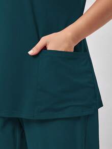 TaskEZ Plus Size Solid Color Short Sleeve Double Pocket Scrub Uniform Top - Teal Blue - View 5