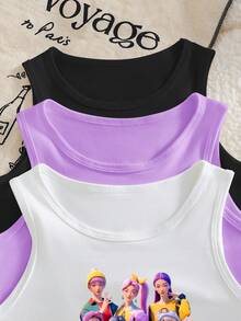 Sparklyn 3pcs/Set Fashion Casual KPOP Girl Group Printed Sleeveless Tops For Tween Girl, Black/White/Purple - White - View 3