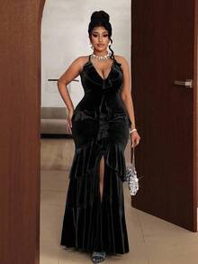 Maweii Robe maxi élégante pour femmes grandes tailles en velours de couleur unie, col en V à haute élasticité, dos croisé avec nœud, volants multicouches à l'avant avec fente, pour soirée, cocktail, rendez-vous romantique - Noir - Voir 5