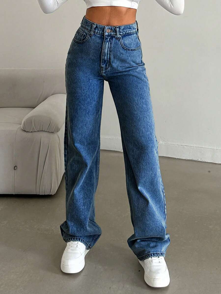 EURMUSE Quần Jeans Ống Đứng 100% Cotton Giặt Tuyết - Màu xanh lam - Xem 1