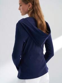INAWLY Women's Casual Solid Color Slim Fit Half-Zip Hooded T-Shirt, Autumn - Navy Blue - View 2
