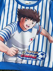 Captain Tsubasa X SHEIN 2pcs/Set Young Boy Sports Casual Figure Graphic Crew Neck Long Sleeve Sweatshirt And Pants Knit Suit, Blue - Blue - View 4