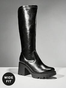 SHUZIA Women's Wide-Calf Comfortable Stretch Material Chunky Lug Sole Knee High Boots - Black - View 3